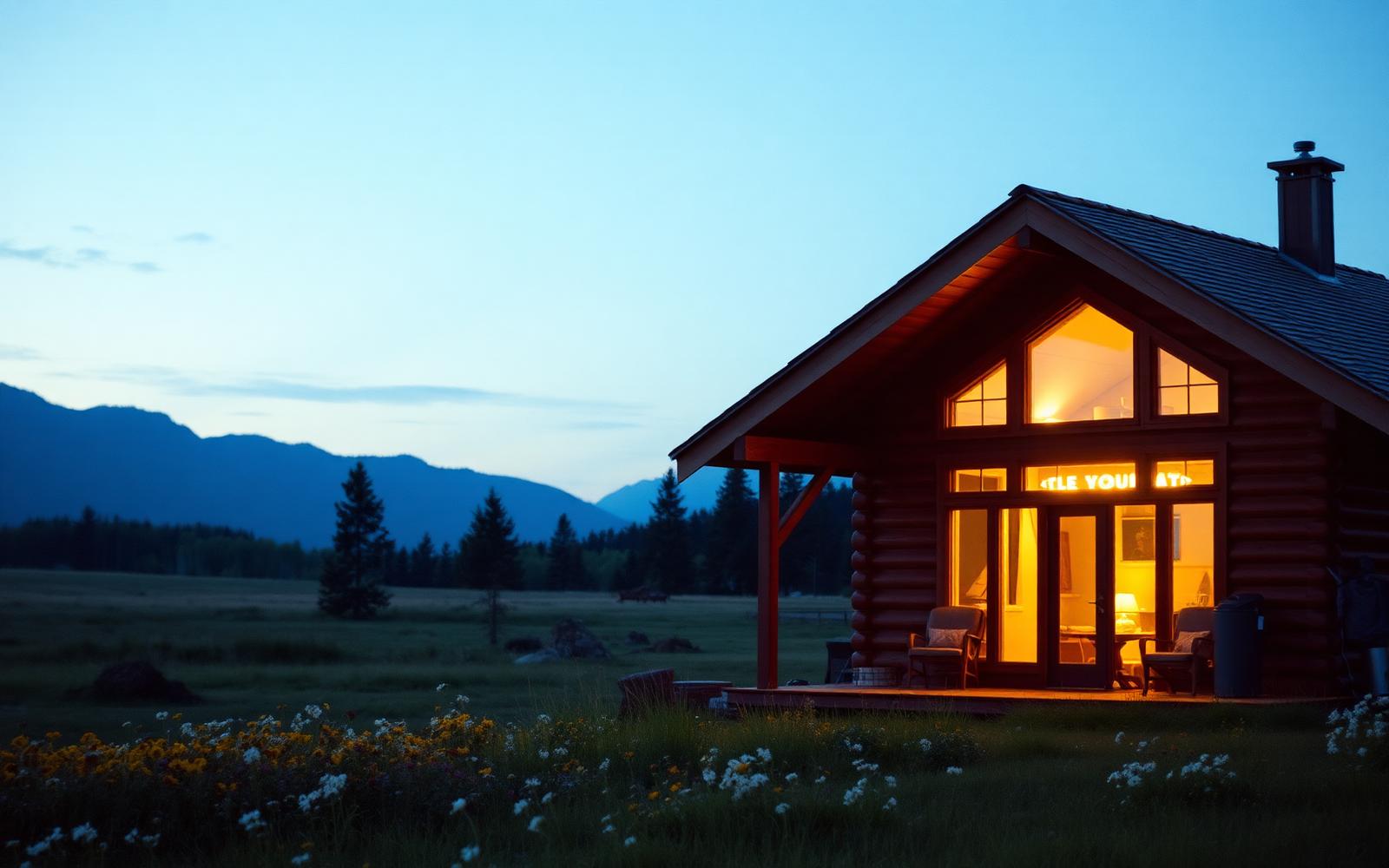 Guest cabin glowing at blue hour on the ranch
