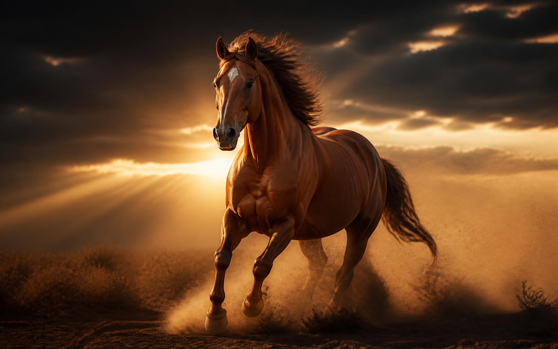Chestnut horse galloping through golden dust at sunset