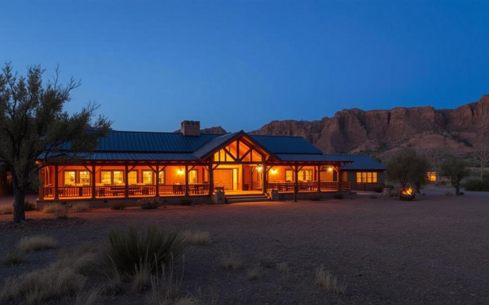 Mangat Stud Farm lodge glowing at dusk